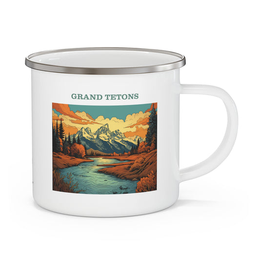 Grand Tetons Enamel Camping Mug Stainless Bevel